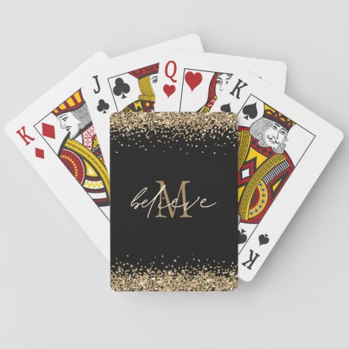 Believe Script Monogram Initial Gold Glitter Black Poker Cards