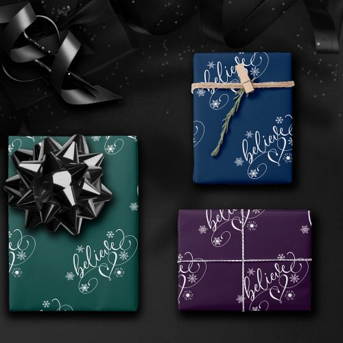 Believe Script  Moody Jewel Tone Holiday Flourish Wrapping Paper Sheets