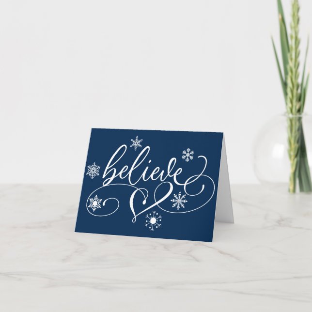 Believe Script | Navy Blue Christmas Snowflake Holiday Card (Front)