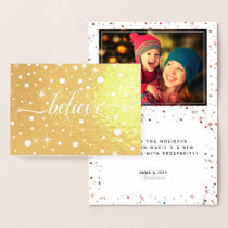 BELIEVE Script + Photo Color-Matching Snow + Stars Foil Card