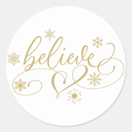 Believe Script  Sepia Gold Snowflake Flourish Classic Round Sticker