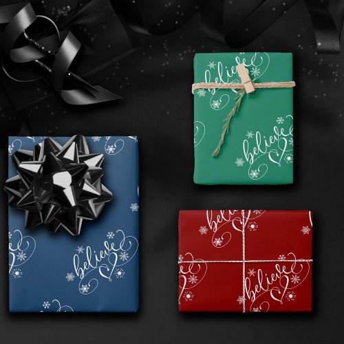 Believe Script  Simple Holiday Snowflake Flourish Wrapping Paper Sheets