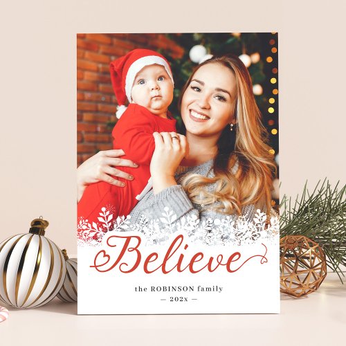Believe Script Snowflakes Overlay Christmas Photo Holiday Card