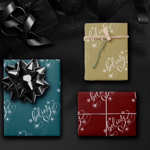 Believe Script  White Holiday Snowflake Flourish Wrapping Paper Sheets