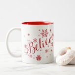 "Believe" Snowflake Holiday Graphic Mug, Red Two-Tone Coffee Mug