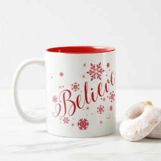 "Believe" Snowflake Holiday Graphic Mug, Red Two-Tone Coffee Mug