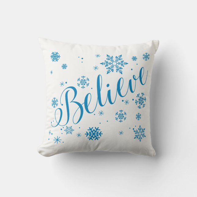 "Believe" Snowflake Holiday Graphic Pillow, Blue Throw Pillow (Front)