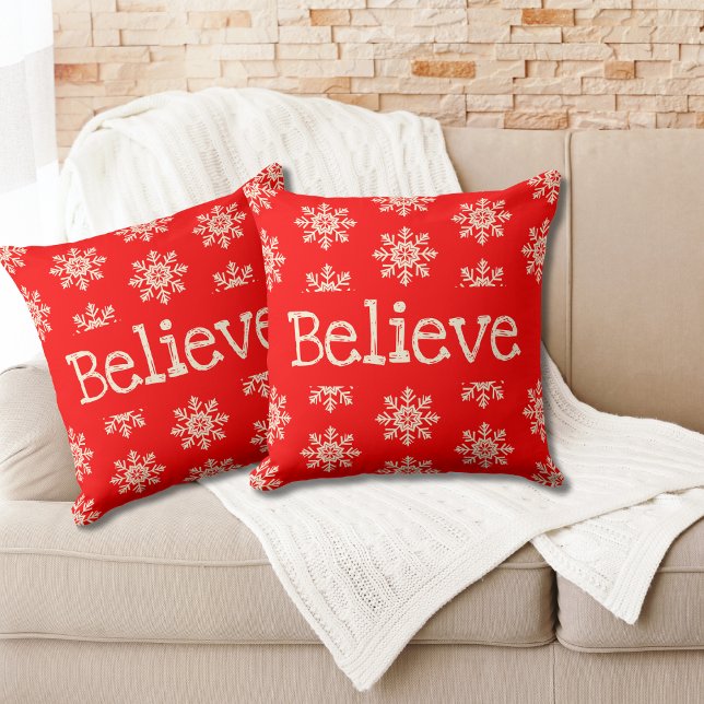 Believe Snowflakes Pattern | Red and White Throw Pillow (Creator Uploaded)