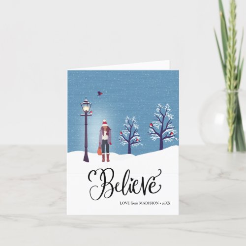 BELIEVE  Snowy Scenery With Winter Cardinal Bird Holiday Card