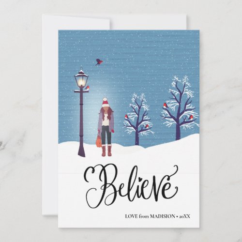 BELIEVE  Snowy Scenery With Winter Cardinal Bird Holiday Card