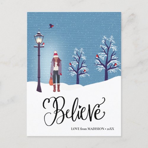 BELIEVE  Snowy Scenery With Winter Cardinal Bird Holiday Postcard