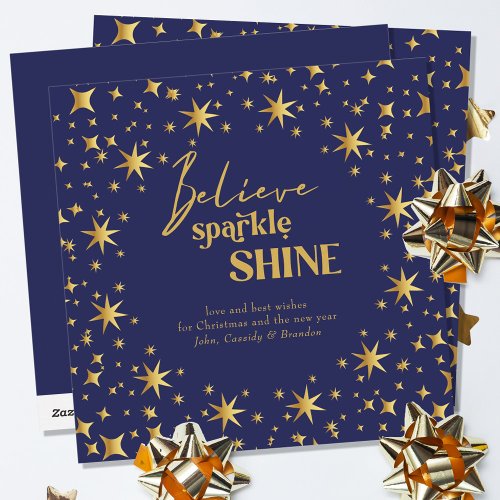 Believe Sparkle Shine Elegant Blue and Gold Stars Holiday Card