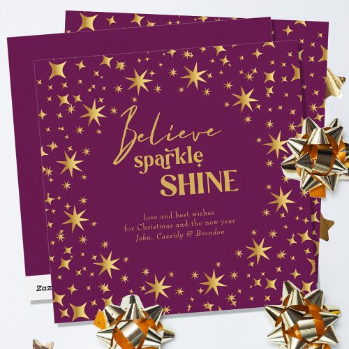 Believe Sparkle Shine Elegant Plum and Gold Stars Holiday Card