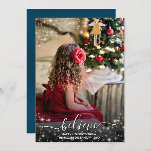 Believe _ Sparkle Stars Photo Blue Christmas Holiday Card