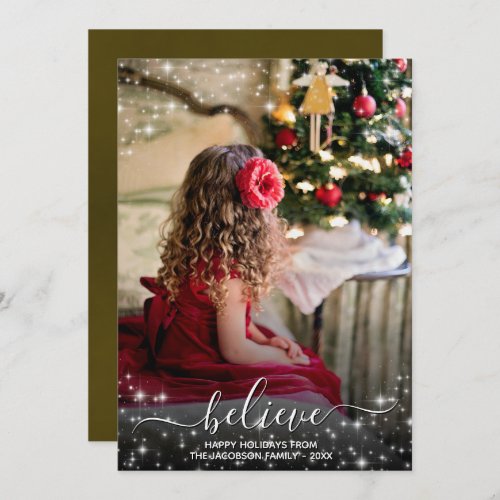 Believe _ Sparkle Stars Photo Gold Christmas Holiday Card