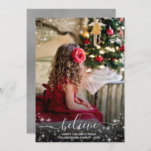 Believe _ Sparkle Stars Photo Gray Christmas Holiday Card