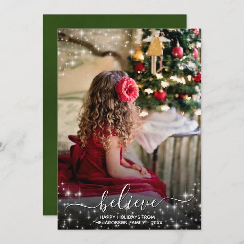 Believe _ Sparkle Stars Photo Green Christmas Holiday Card