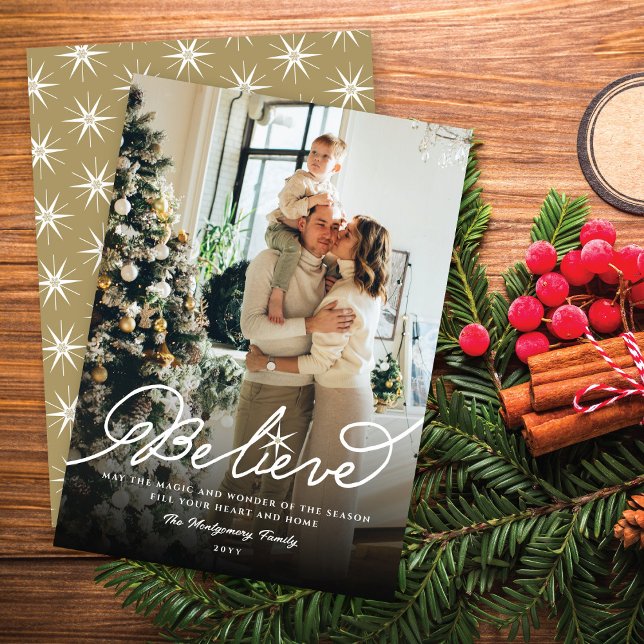 Believe Star Calligraphy Religious Christmas Photo Holiday Card (Creator Uploaded)