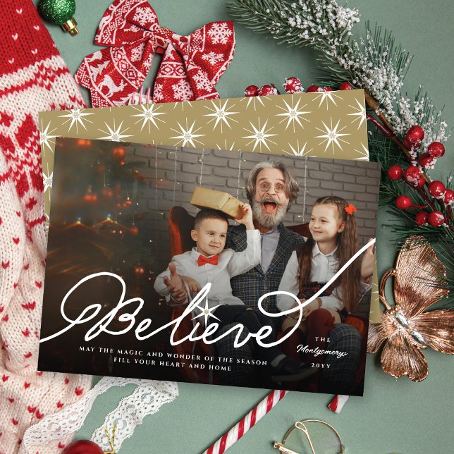 Believe Star Calligraphy Religious Christmas Photo Holiday Card (Creator Uploaded)
