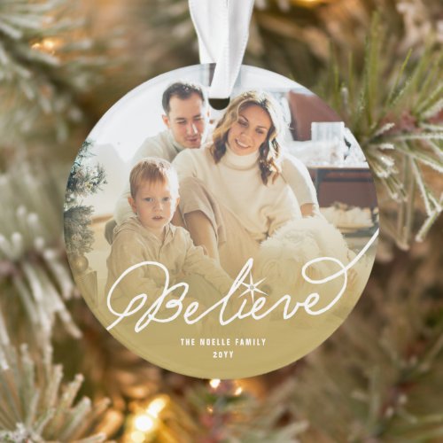 Believe Star Calligraphy Religious Christmas Photo Ornament