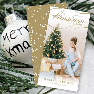 Believe Star Gold Calligraphy Christmas Photo Holiday Card