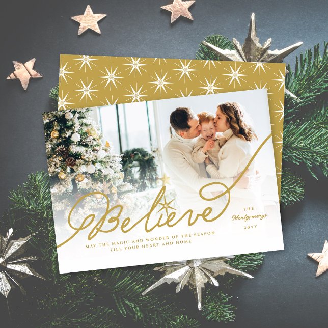 Believe Star Gold Calligraphy Christmas Photo Holiday Card (Creator Uploaded)