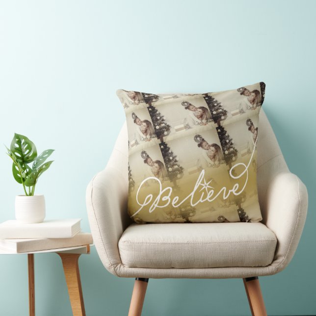Believe Star Gold Ombre Christmas Photo Collage Throw Pillow (Chair)