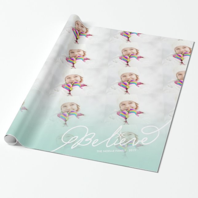 Believe Star Mint Ombre Christmas Photo Holiday Wrapping Paper (Unrolled)