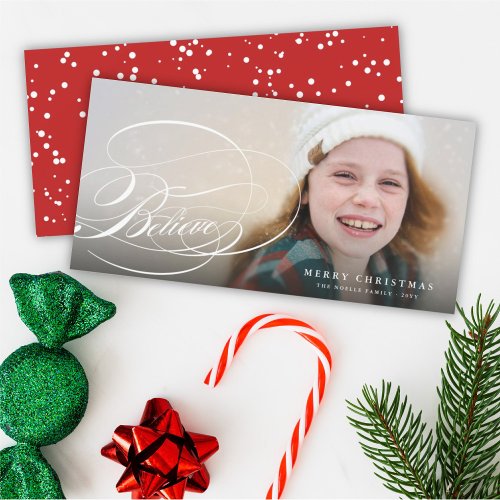 Believe Swash Script Religious Christmas Photo Holiday Card