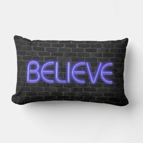 Believe text in neon lights on brick lumbar pillow