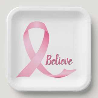 Believe Text Pink Ribbon Breast Cancer Awareness Paper Plates