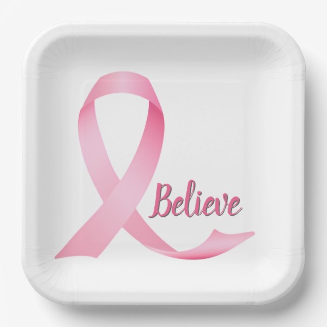 Believe Text Pink Ribbon Breast Cancer Awareness Paper Plates (Front)