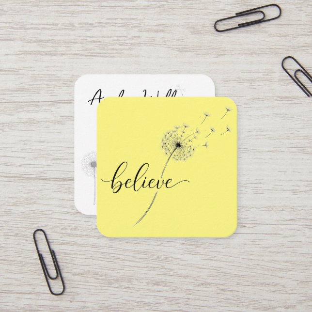 Believe Text with Dandelion Seeds Square Business Card (Front/Back In Situ)