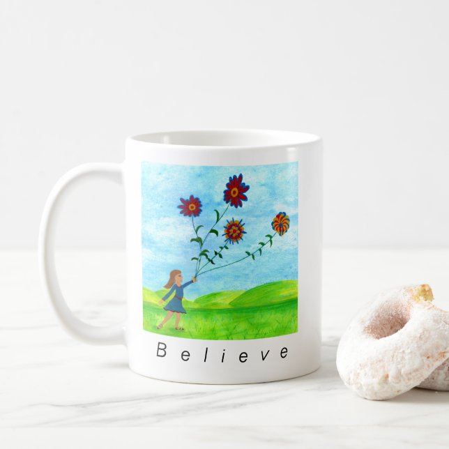 "Believe the Impossible" Girl with flower kites Coffee Mug (With Donut)