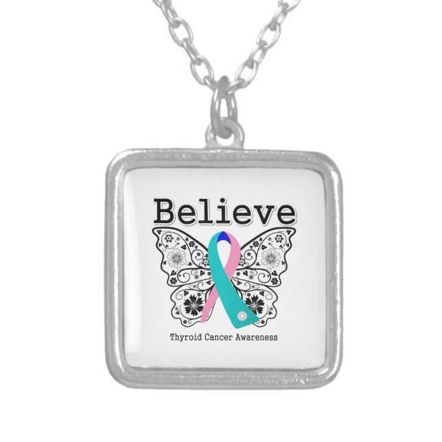 Believe - Thyroid Cancer Butterfly Silver Plated Necklace (Front)