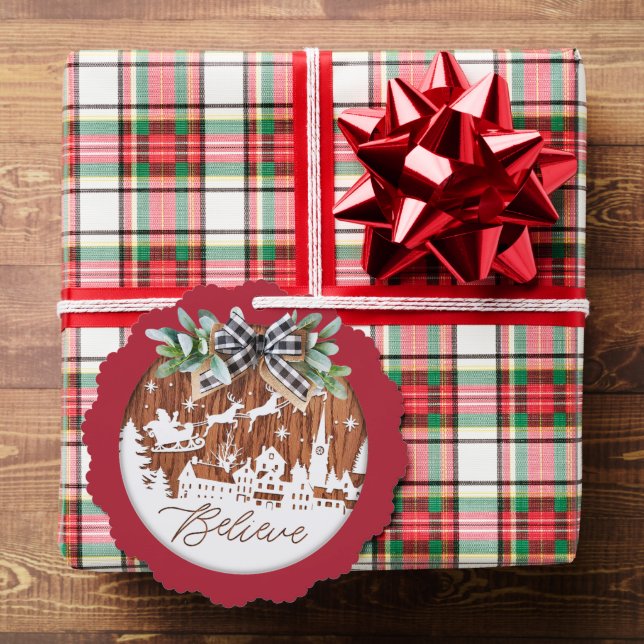 Believe Typographic Santa and Reindeer Ornament Card (Insitu (Gift))