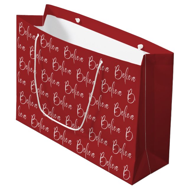 Believe Typography Red Holiday Large Gift Bag (Front Angled)