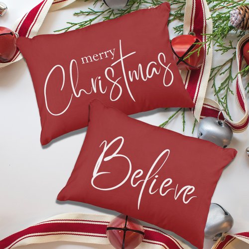 Believe Typography Red Modern Holiday Christmas Accent Pillow