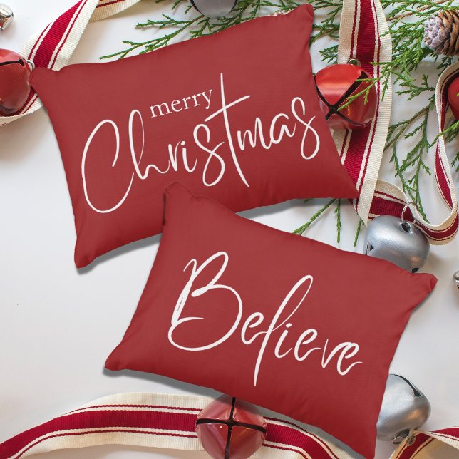 Believe Typography Red Modern Holiday Christmas Accent Pillow (Creator Uploaded)