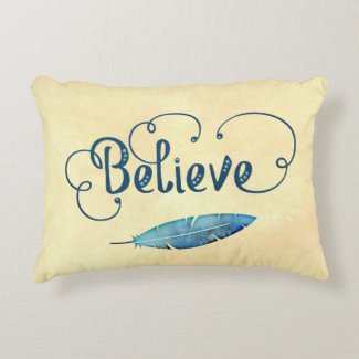 Believe Typography Watercolor Feather Blues Yellow Accent Pillow