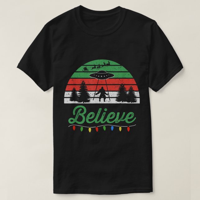 Believe UFO Bigfoot Christmas Retro Design T-Shirt (Design Front)