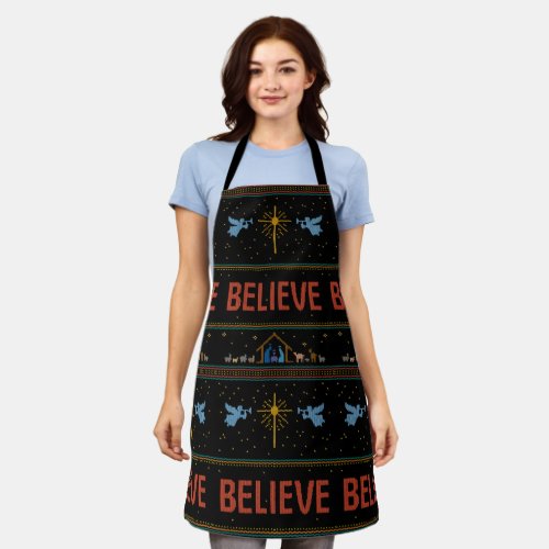 BELIEVE Ugly Christmas Sweater Religious Christian Apron