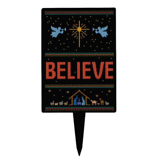 BELIEVE Ugly Christmas Sweater Religious Christian Cake Topper (Front)