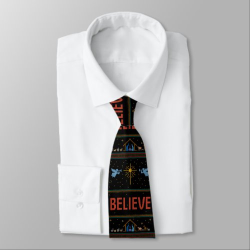 BELIEVE Ugly Christmas Sweater Religious Christian Neck Tie