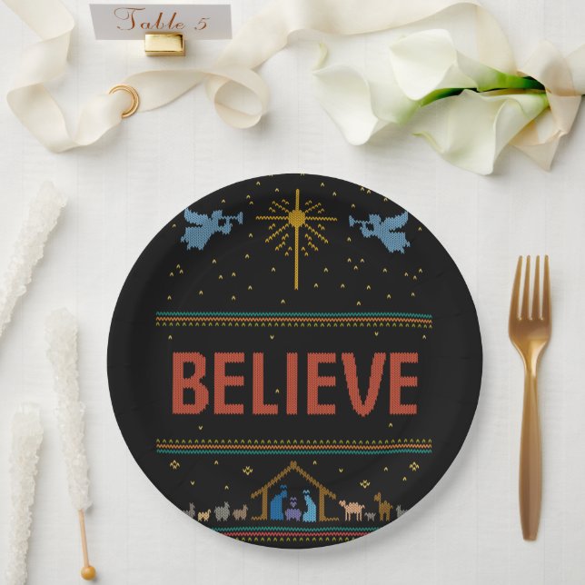 BELIEVE Ugly Christmas Sweater Religious Christian Paper Plates (Wedding)