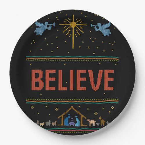 BELIEVE Ugly Christmas Sweater Religious Christian Paper Plates