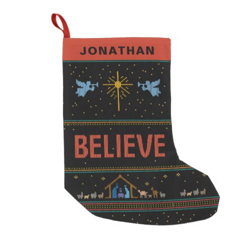 BELIEVE Ugly Christmas Sweater Religious Christian Small Christmas Stocking