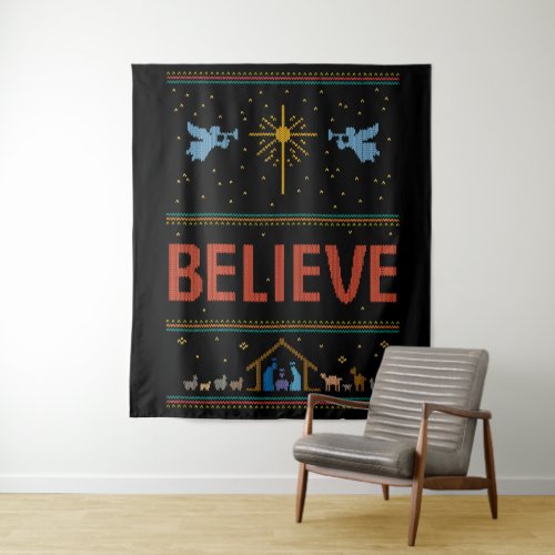 BELIEVE Ugly Christmas Sweater Religious Christian Tapestry