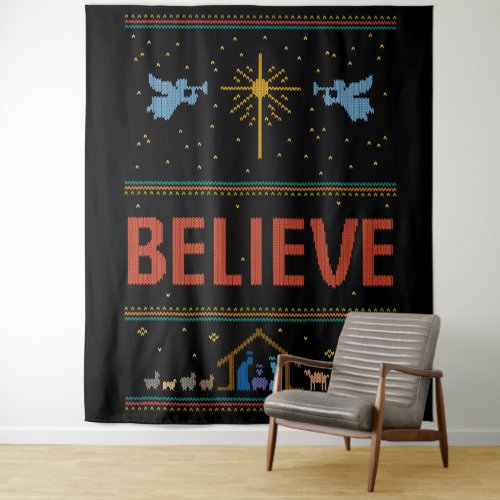 BELIEVE Ugly Christmas Sweater Religious Christian Tapestry