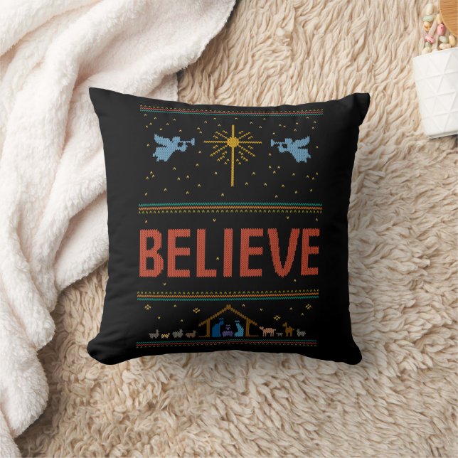 BELIEVE Ugly Christmas Sweater Religious Christian Throw Pillow (Blanket)